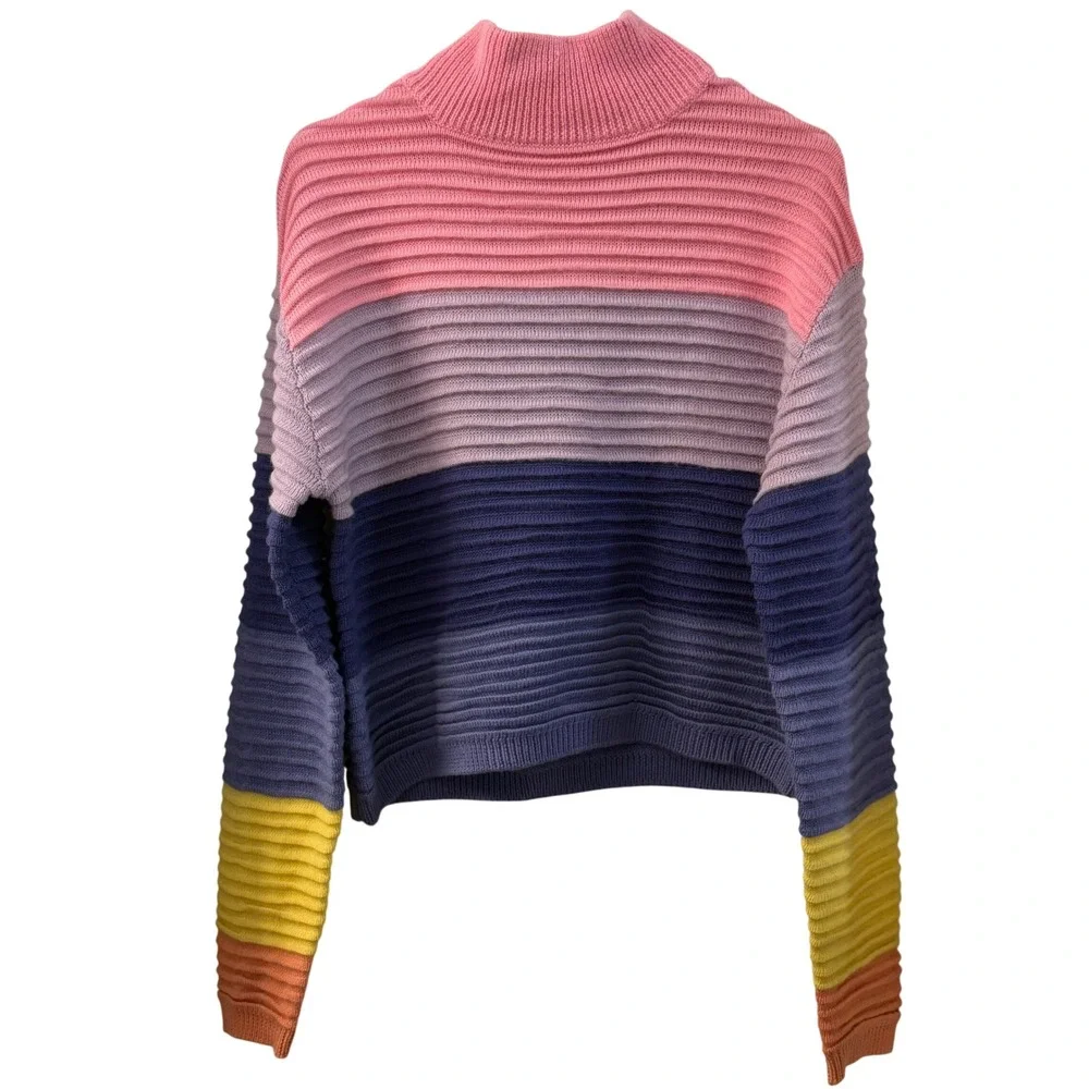 Lovers + Friends Striped Mock Neck Sweater‎ Pink Purple Blue Yellow Size M Wool